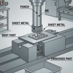 Punch and die press embossing a design into sheet metal, creating a raised pattern on the surface