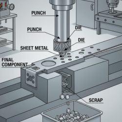 Punch and die press forming final components from sheet metal, showing multiple operations and scrap