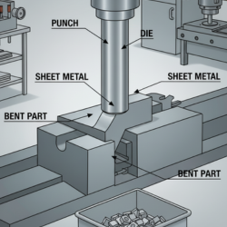 Punch and die press forming sheet metal into a bent part; punch descends, shaping the metal