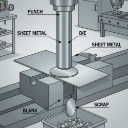 Punch and die press performing blanking; a circular metal blank falls from sheet metal into a scrap bin