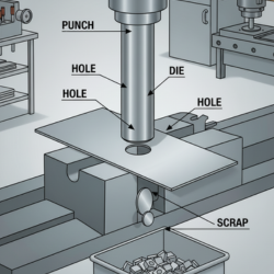 Punch and die press piercing a hole in sheet metal; a circular scrap piece falls into a bin